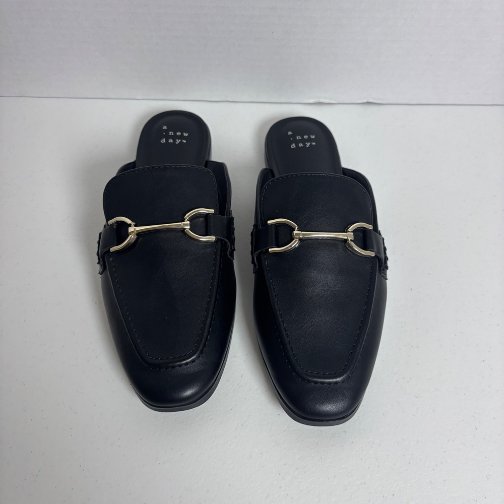 A New Day Mules Womens 6.5 Black Gold Horsebit Backless Loafers Flat Shoes